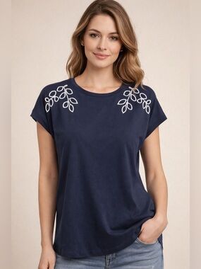 Fred David Navy Tee with White Embroidered Shoulder Leaves
